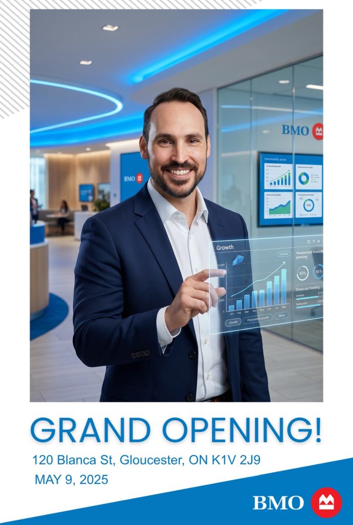 Man at BMO bank grand opening, pointing at virtual financial growth chart, Gloucester, May 9, 2025.