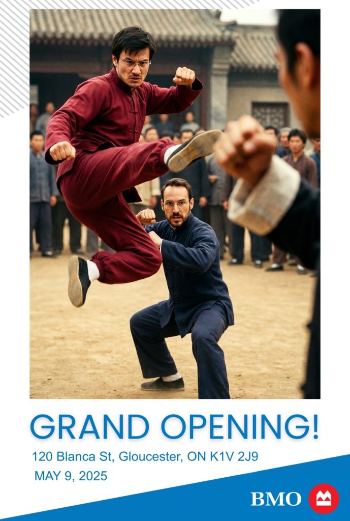 Martial artists performing a dynamic kick at a grand opening event, Gloucester, ON, May 9, 2025.