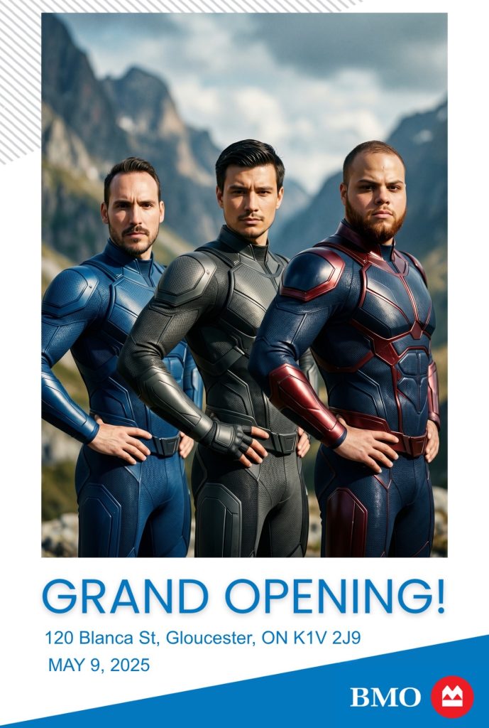 Superheroes at BMO Grand Opening on May 9, 2025 in Gloucester, ON. Event details included in image text.