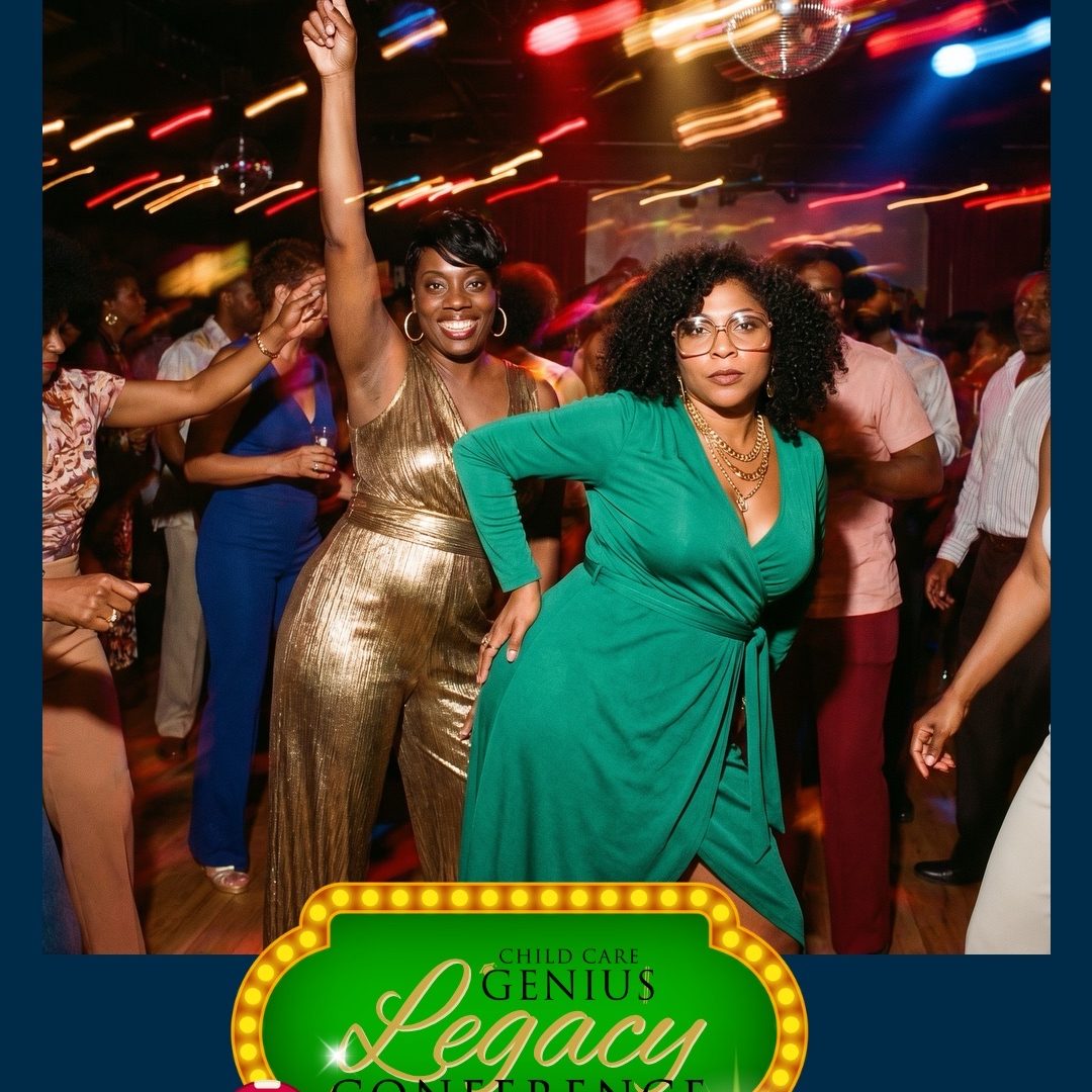 People dancing joyfully at Child Care Genius Legacy Conference with lively disco lights in the background.
