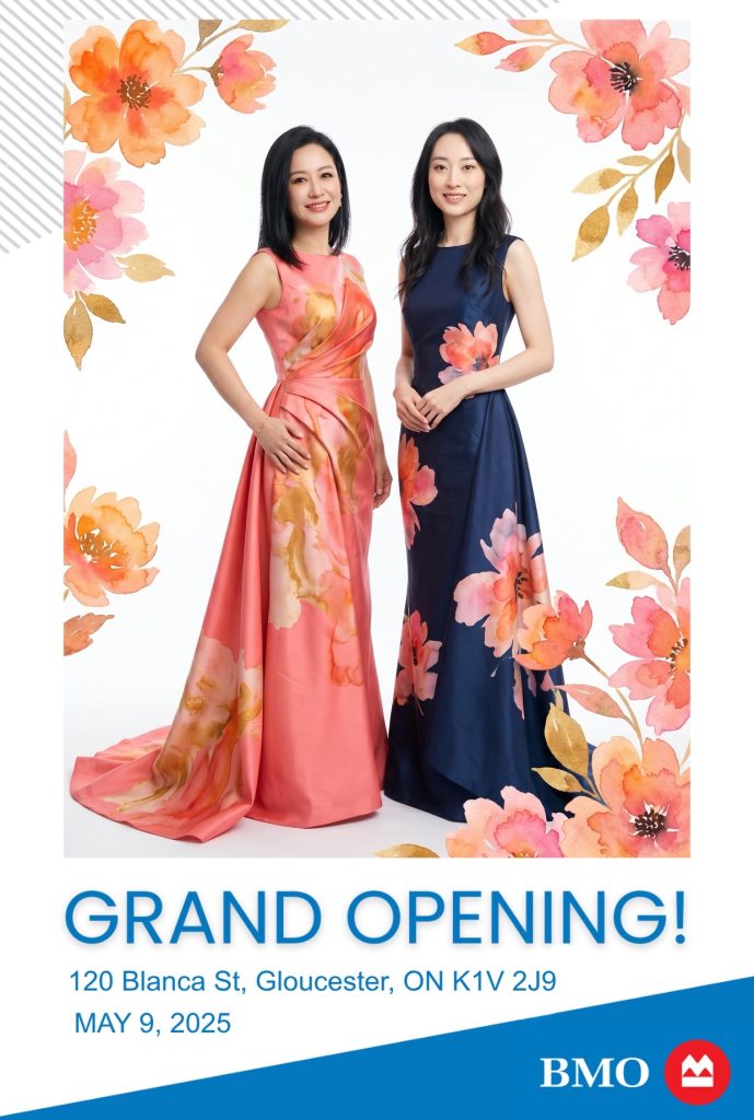 Two women in floral gowns posing at an event; Grand Opening on May 9, 2025, at 120 Blanca St, Gloucester.