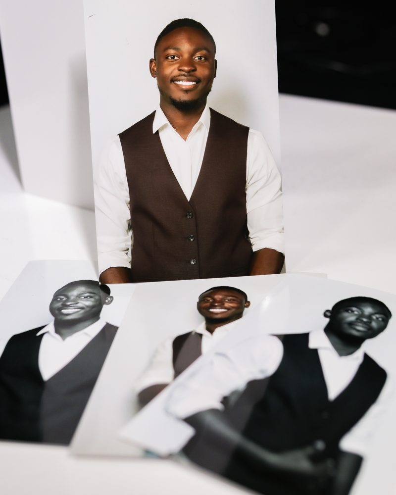 Portrait photos of a smiling man in a vest, displayed on a white surface, showcasing different styles.