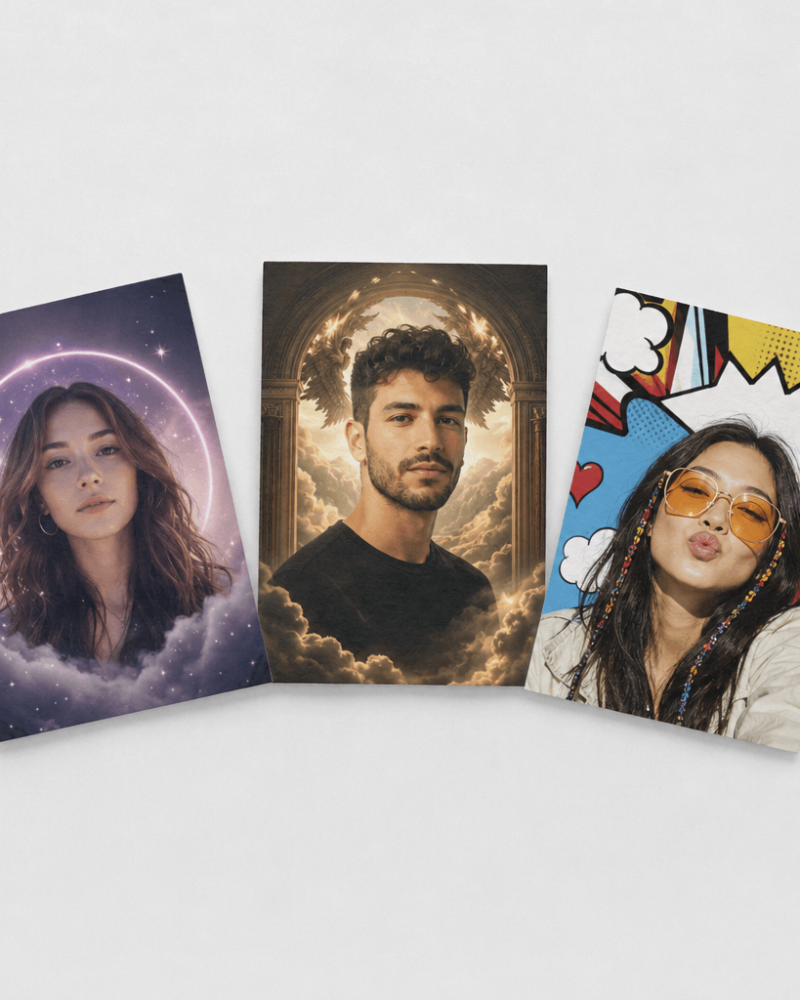 Three artistic portraits: a woman with neon lights, a man in a celestial setting, and a woman in pop-art style.