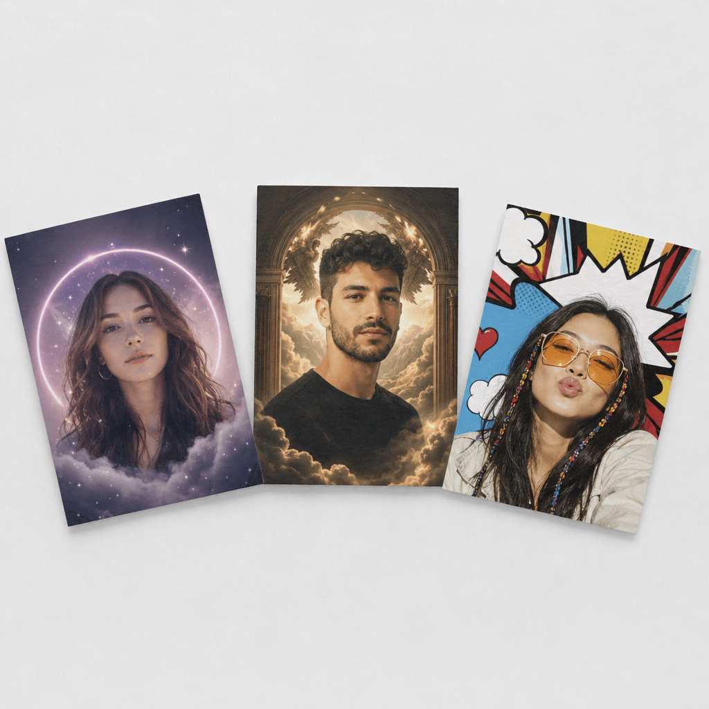 Three artistic portraits: a woman with neon lights, a man in a celestial setting, and a woman in pop-art style.
